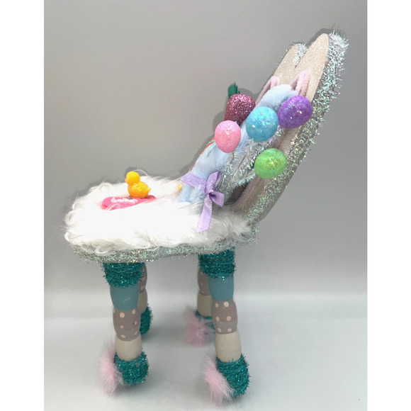 Vintage Wooden Easter Bunny Chair Faux Fur Blue Bunny Egg Balloons Deb O. OOAK - Picture 12 of 16